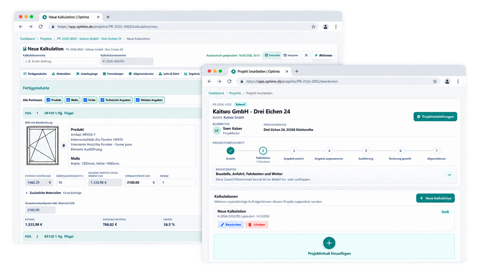 Optimo Formular zum Anlegen eines neuen Projekts mit Projektdaten und Kalkulation